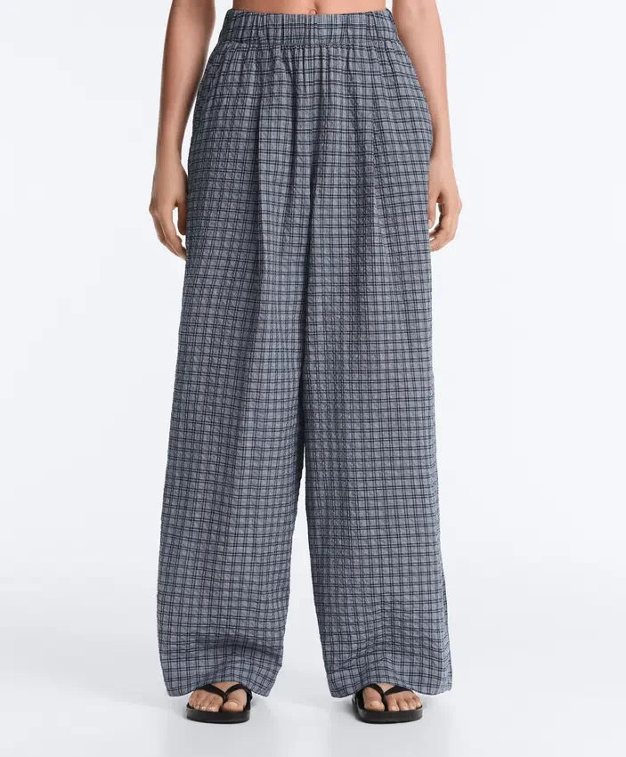 Pantalones de pierna ancha a cuadros de mezcla de algodón Pantalones de pierna ancha a cuadros de mezcla de algodón