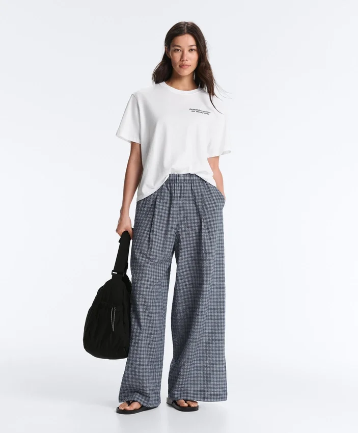 Pantalones de pierna ancha a cuadros de mezcla de algodón Pantalones de pierna ancha a cuadros de mezcla de algodón