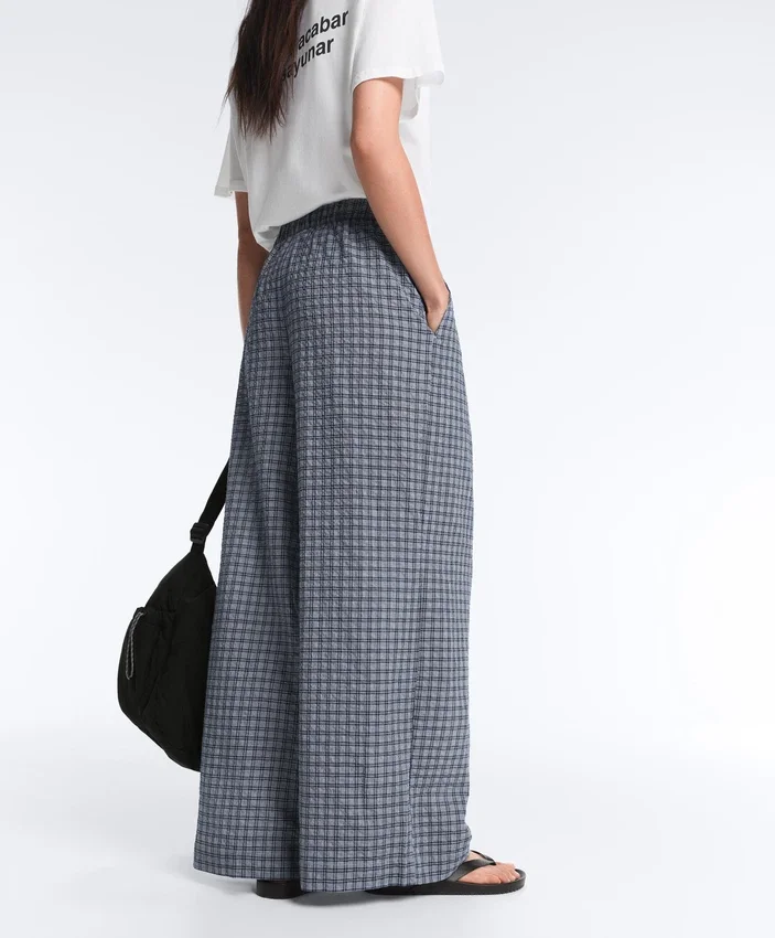 Pantalones de pierna ancha a cuadros de mezcla de algodón Pantalones de pierna ancha a cuadros de mezcla de algodón