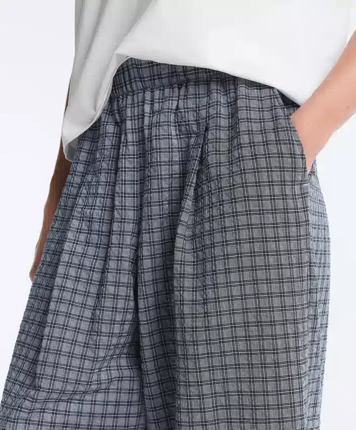Pantalones de pierna ancha a cuadros de mezcla de algodón Pantalones de pierna ancha a cuadros de mezcla de algodón