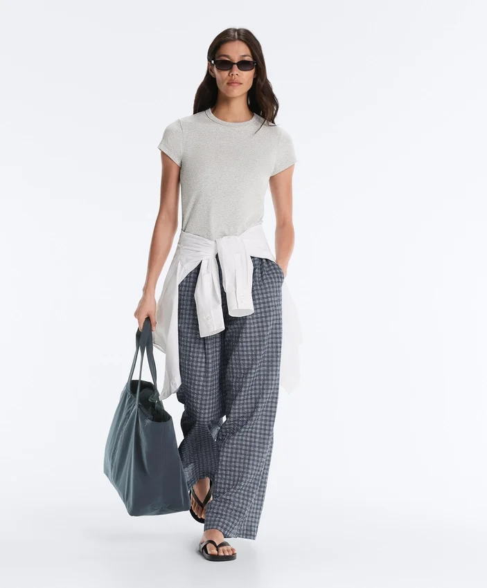 Pantalones de pierna ancha a cuadros de mezcla de algodón Pantalones de pierna ancha a cuadros de mezcla de algodón