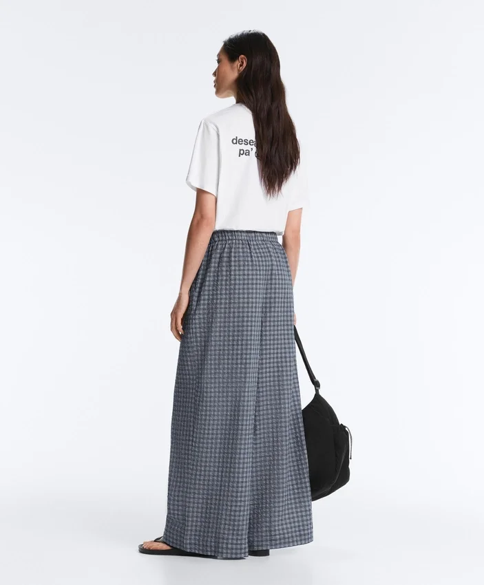 Pantalones de pierna ancha a cuadros de mezcla de algodón Pantalones de pierna ancha a cuadros de mezcla de algodón