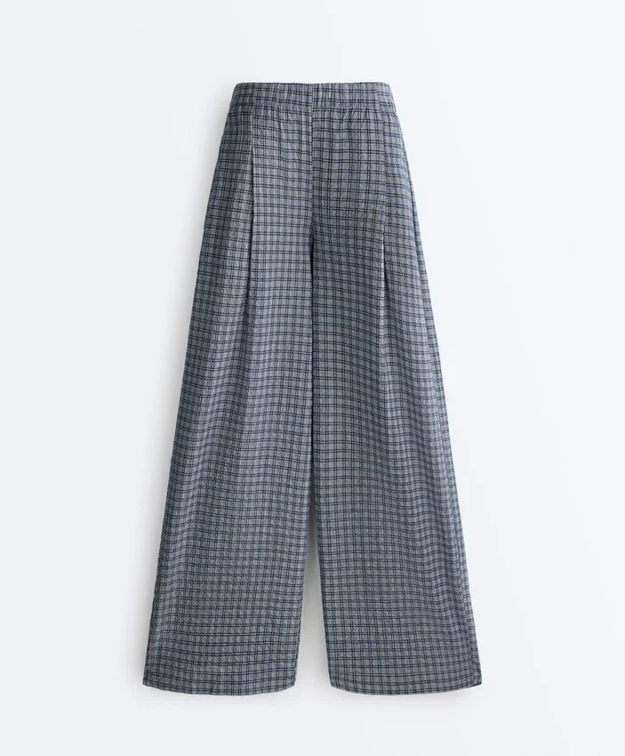 Pantalones de pierna ancha a cuadros de mezcla de algodón Pantalones de pierna ancha a cuadros de mezcla de algodón
