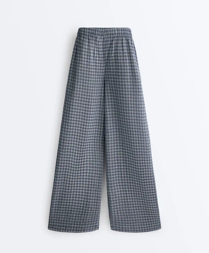 Pantalones de pierna ancha a cuadros de mezcla de algodón Pantalones de pierna ancha a cuadros de mezcla de algodón