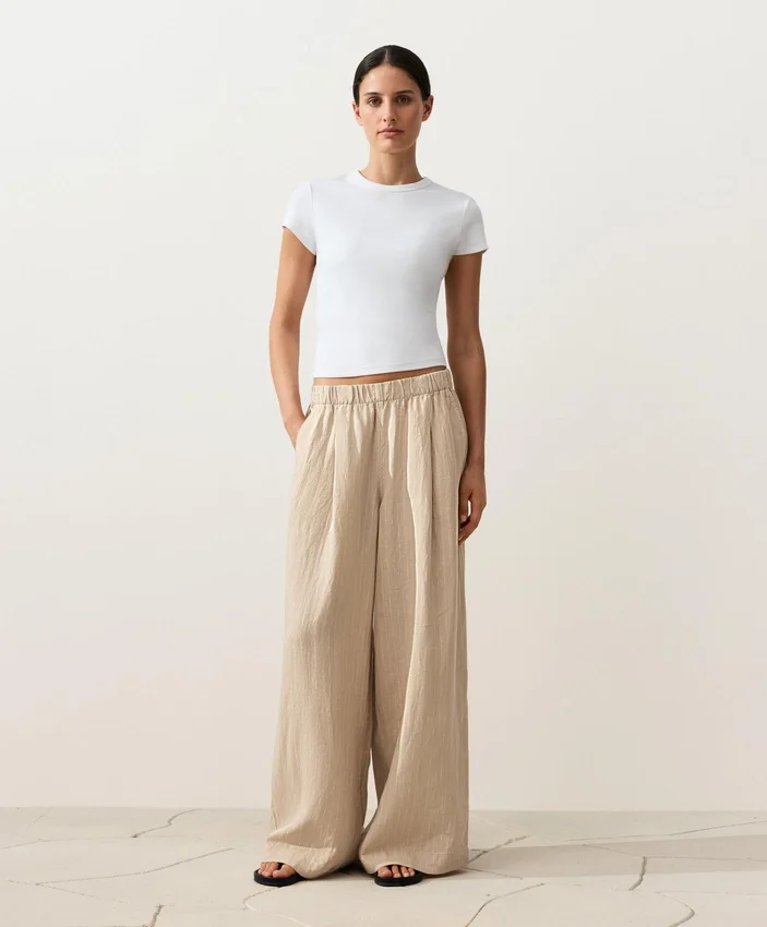 Pantalones de pierna ancha a rayas 100 % lino Pantalones de pierna ancha a rayas 100 % lino