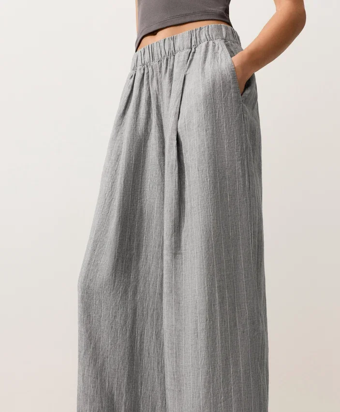 Pantalones de pierna ancha a rayas 100 % lino Pantalones de pierna ancha a rayas 100 % lino