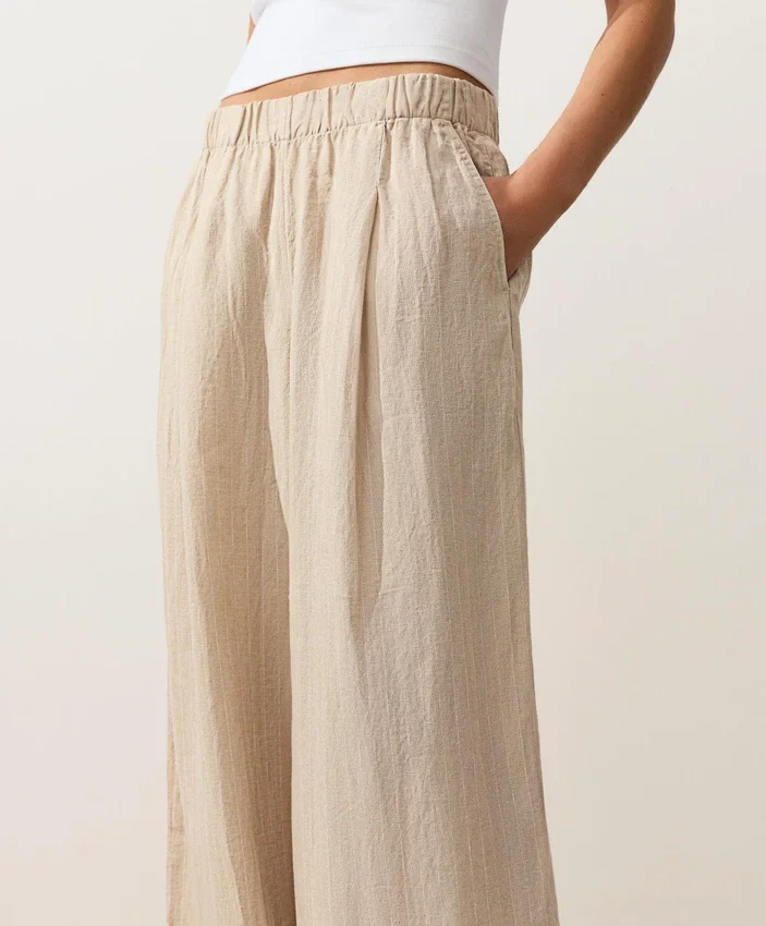 Pantalones de pierna ancha a rayas 100 % lino Pantalones de pierna ancha a rayas 100 % lino