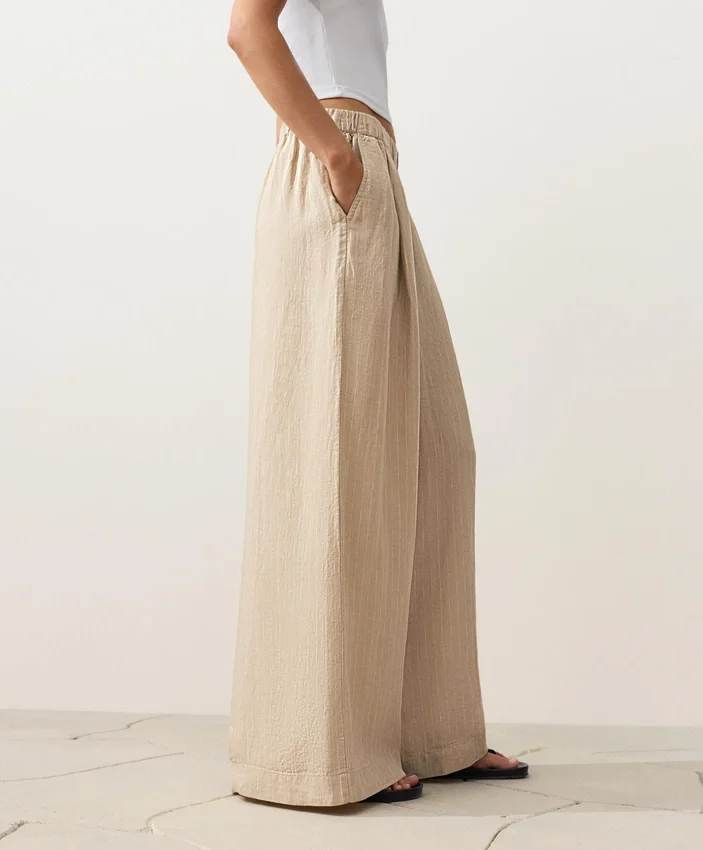 Pantalones de pierna ancha a rayas 100 % lino Pantalones de pierna ancha a rayas 100 % lino