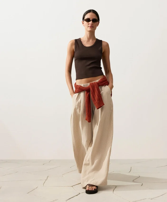 Pantalones de pierna ancha a rayas 100 % lino Pantalones de pierna ancha a rayas 100 % lino