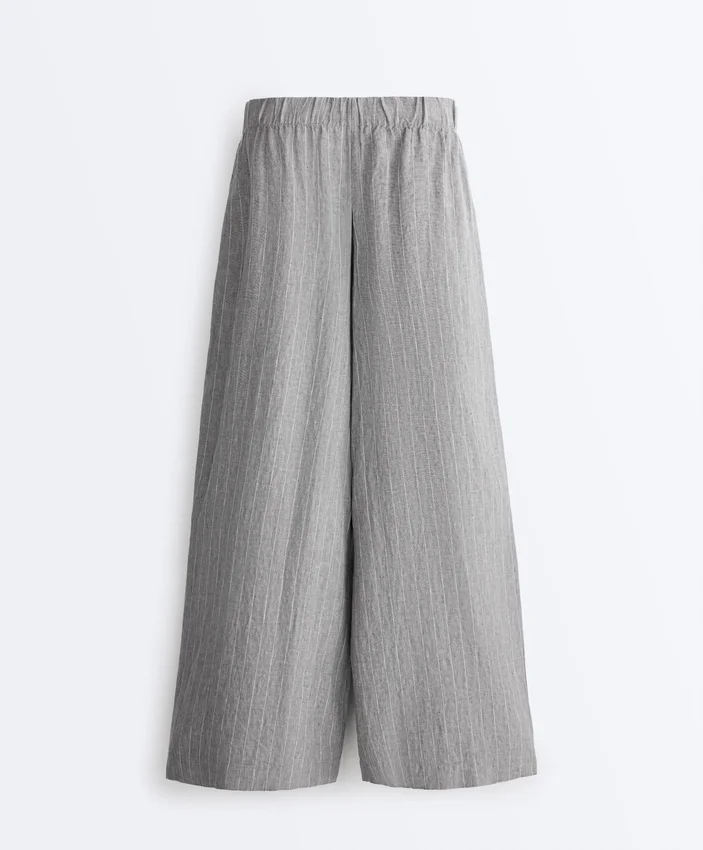 Pantalones de pierna ancha a rayas 100 % lino Pantalones de pierna ancha a rayas 100 % lino