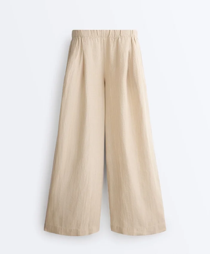 Pantalones de pierna ancha a rayas 100 % lino Pantalones de pierna ancha a rayas 100 % lino