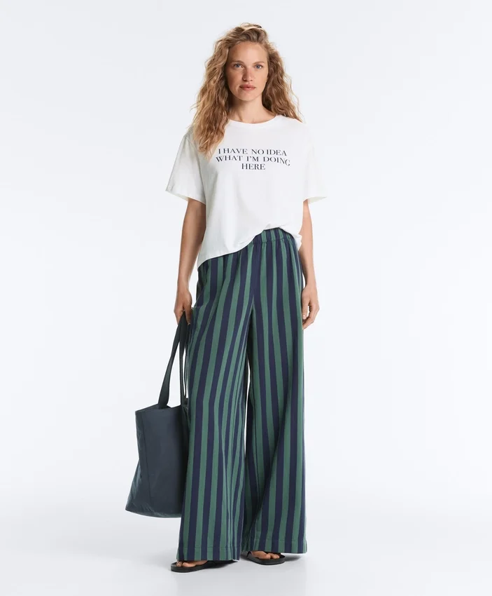 Pantalones de pierna ancha a rayas de mezcla de algodón Pantalones de pierna ancha a rayas de mezcla de algodón
