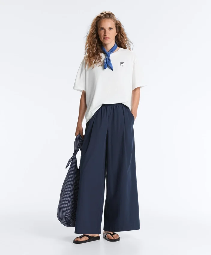 Pantalones de pierna ancha de popelín 100 % algodón Pantalones de pierna ancha de popelín 100 % algodón