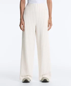 Pantalones de talle alto de pierna ancha con rayas finas y tacto Soft Touch