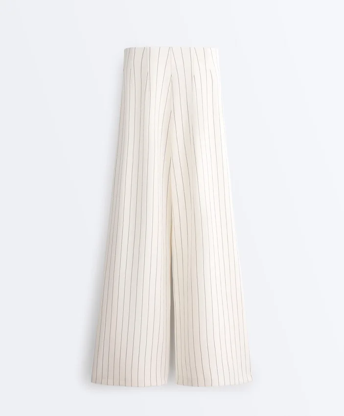 Pantalones de talle alto de pierna ancha con rayas finas y tacto Soft Touch Pantalones de talle alto de pierna ancha con rayas finas y tacto Soft Touch