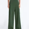 Pantalones de tiro alto de sarga y pierna ancha con pliegues