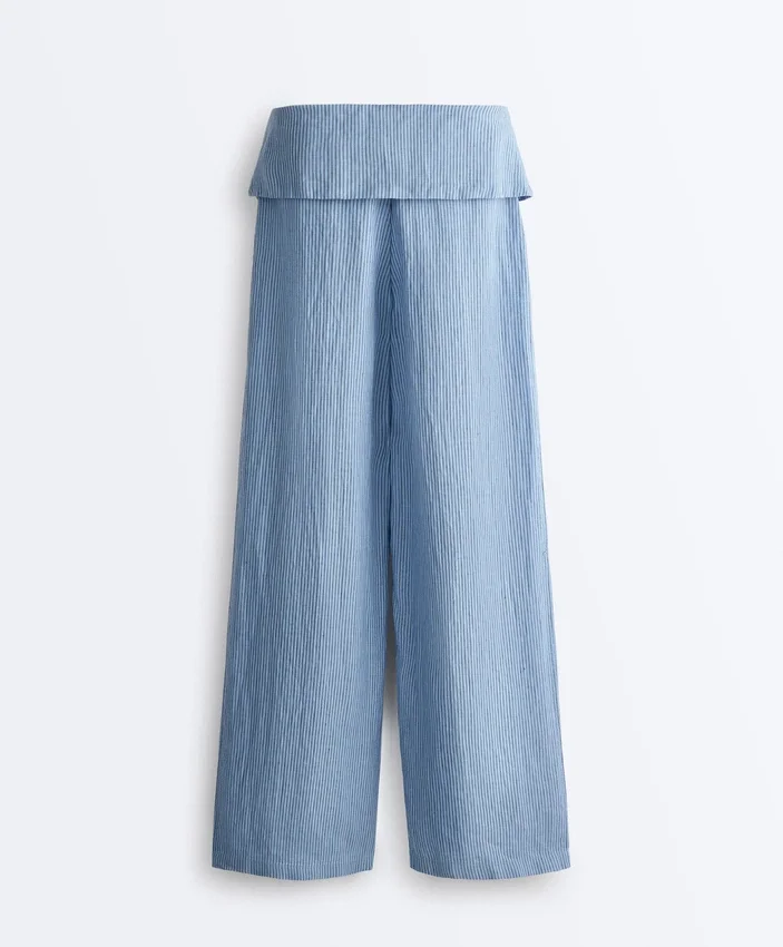 Pantalones rectos 100 % lino con vuelta en la cintura Pantalones rectos 100 % lino con vuelta en la cintura