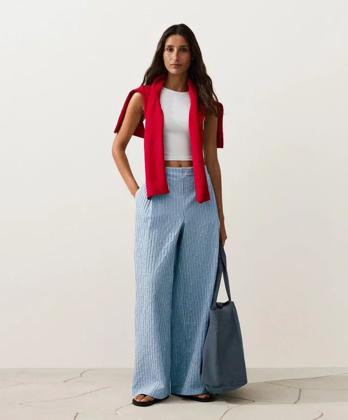 Pantalones rectos a rayas de mezcla de algodón Pantalones rectos a rayas de mezcla de algodón