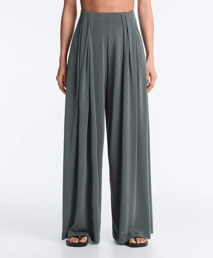 Pantalones vaporosos con cintura plisada de mezcla de modal Pantalones vaporosos con cintura plisada de mezcla de modal