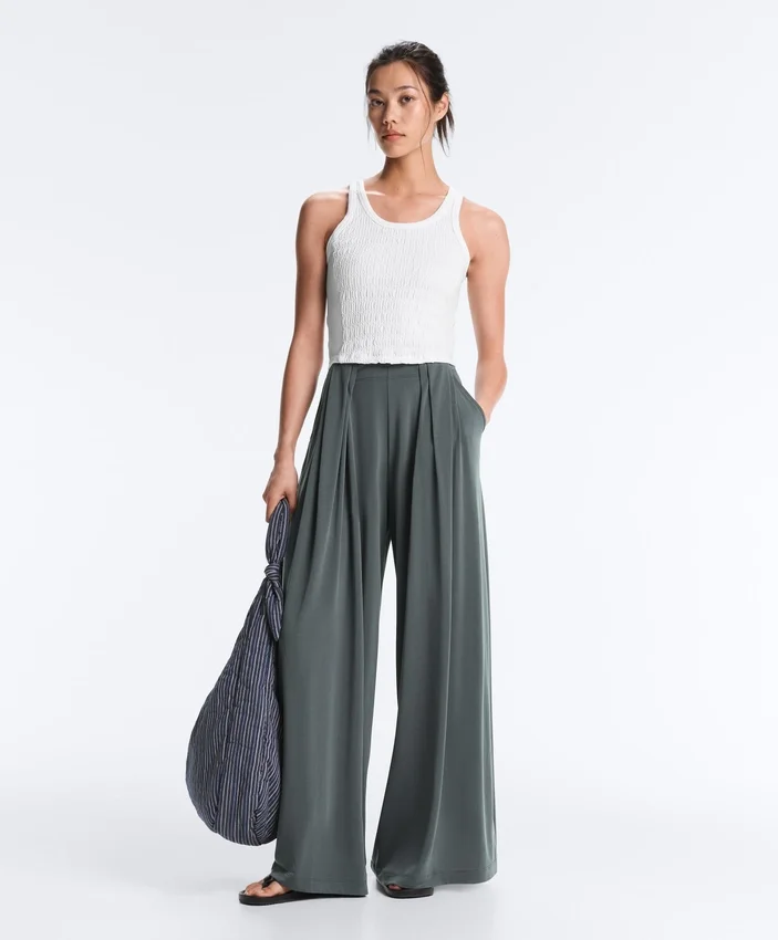 Pantalones vaporosos con cintura plisada de mezcla de modal Pantalones vaporosos con cintura plisada de mezcla de modal