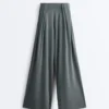 Pantalones vaporosos con cintura plisada de mezcla de modal Pantalones vaporosos con cintura plisada de mezcla de modal