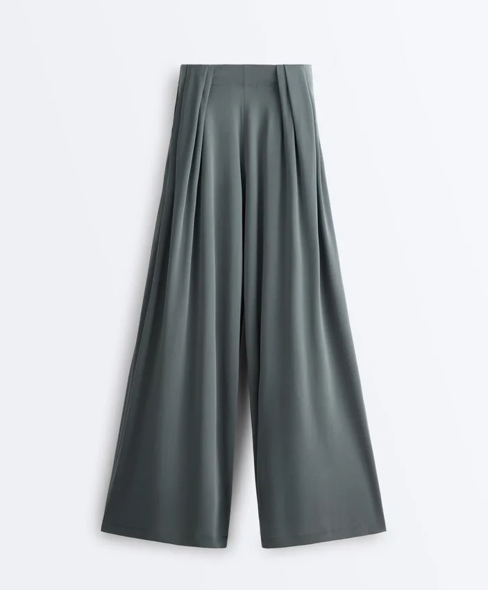 Pantalones vaporosos con cintura plisada de mezcla de modal Pantalones vaporosos con cintura plisada de mezcla de modal
