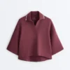 Sudadera tipo polo de mezcla de algodón con mangas anchas Sudadera tipo polo de mezcla de algodón con mangas anchas